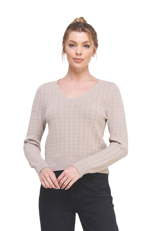 Apparel-Allie Rose Pointelle Pullover V Scalloped Neck Top