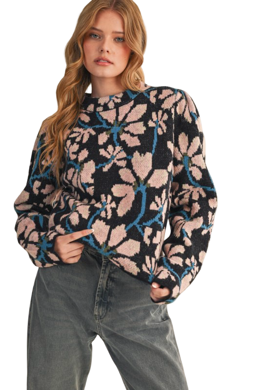 Apparel- En Merci Floral Mock Neck Sweater Top