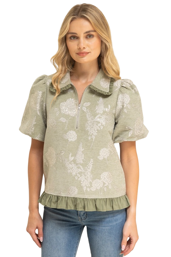 Apparel- VOY Floral Jacquard Top with Ruffled Collar