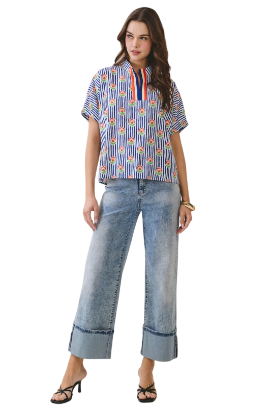 TCEC Floral Striped Neck Blouse Top