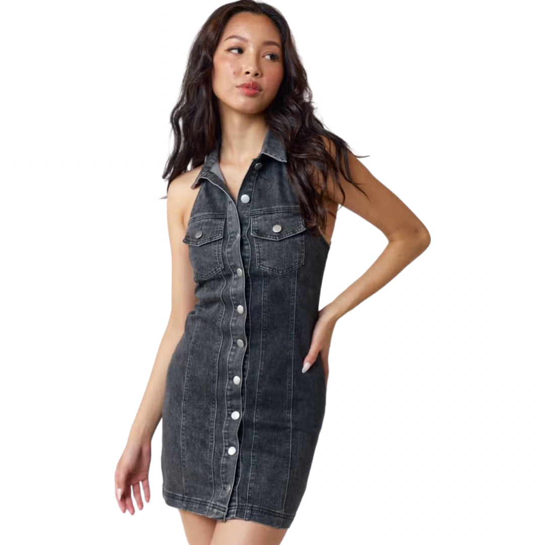 Apparel- Blue Blush Halter Neck Sleeveless Denim Dress