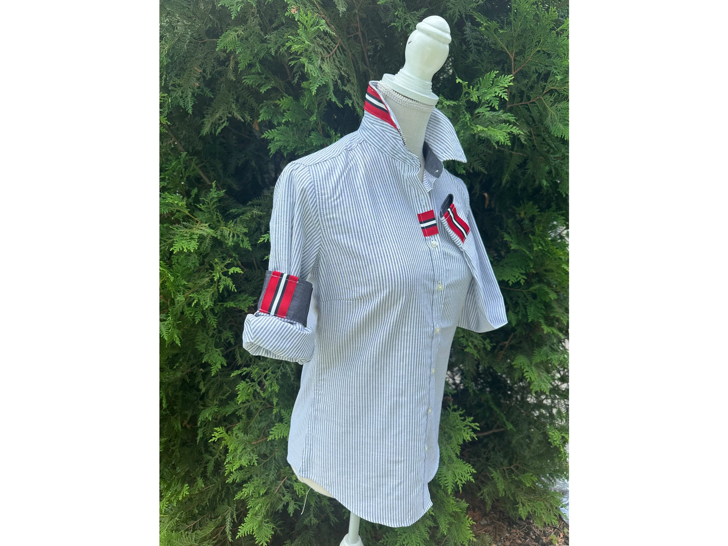 Pearly Vines Casie 2-  Striped Oxford with Black and Red Stripe Ribbon