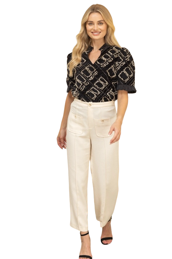 Apparel- VOY Satin Band Velvet Detail Burnout Top