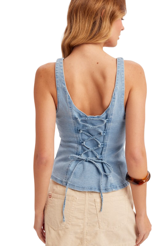 Hem and Thread Button Down Lace Back Denim Apron Top