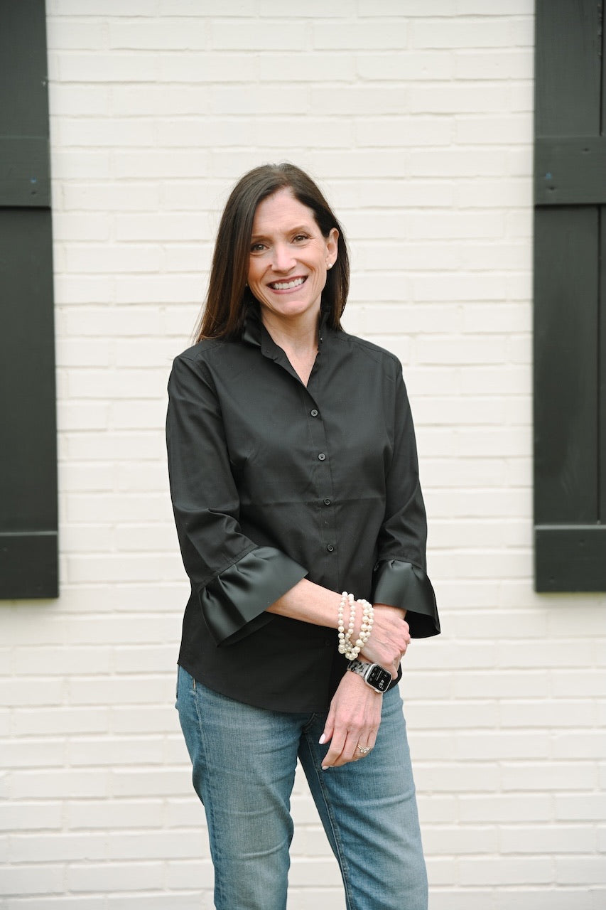 Apparel- Pearly Vines- Barbara Ann Black 3/4 Trim Ribbon Shirt