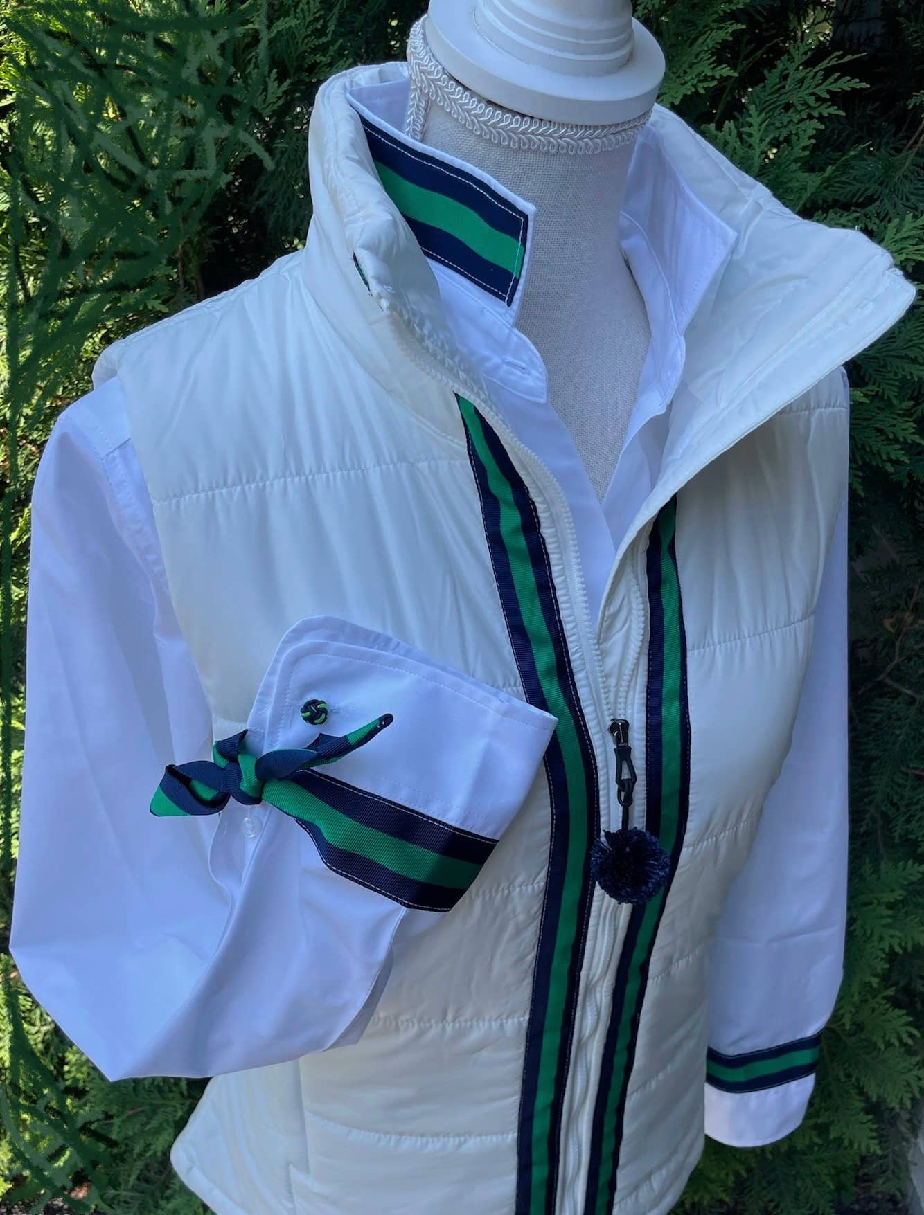 Apparel- Pearly Vines Audrey Ribbon FC- White with Navy & Green Stripe Ribbon