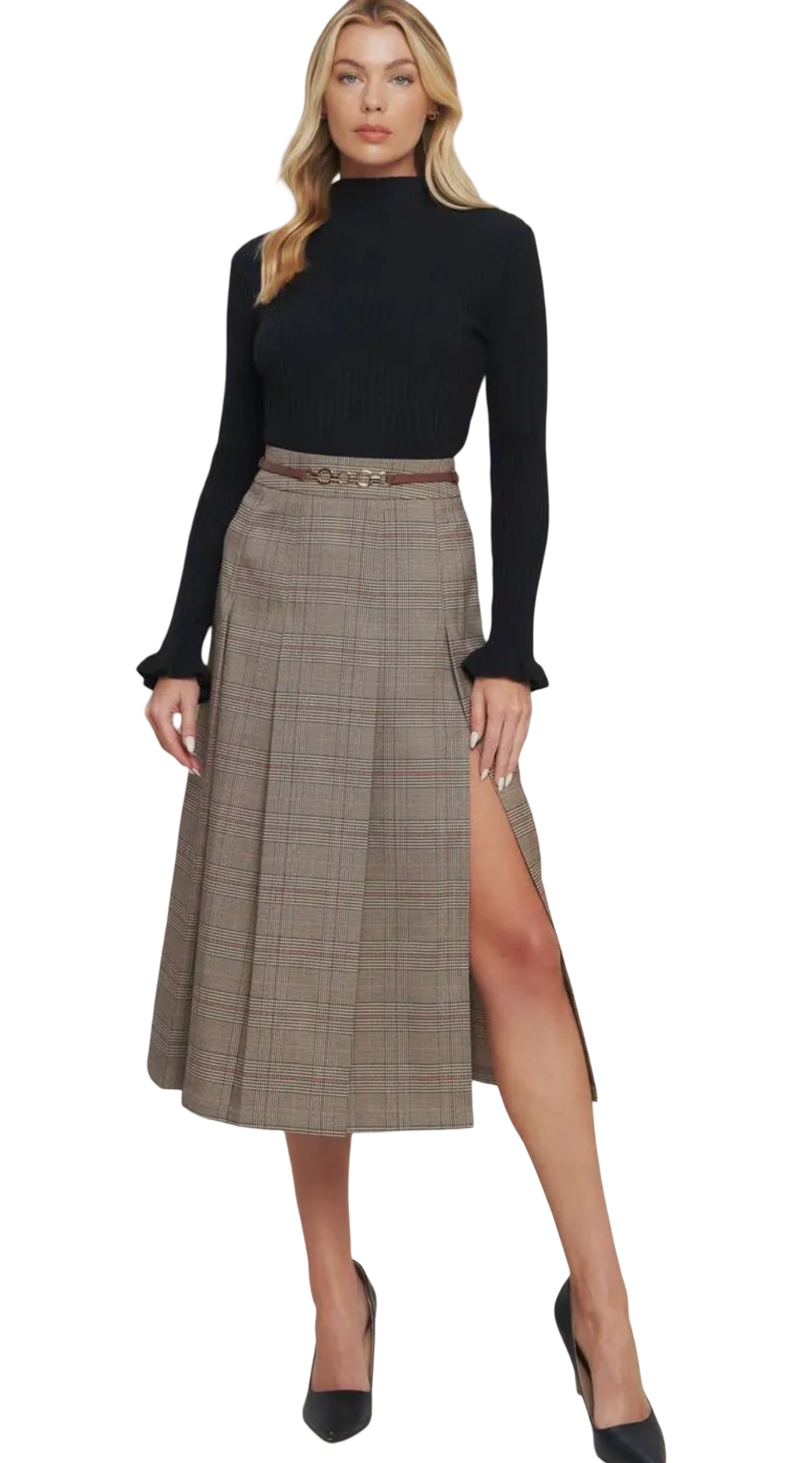 Apparel- Flying Tomato Pleated Woven Midi Skirt with Belt