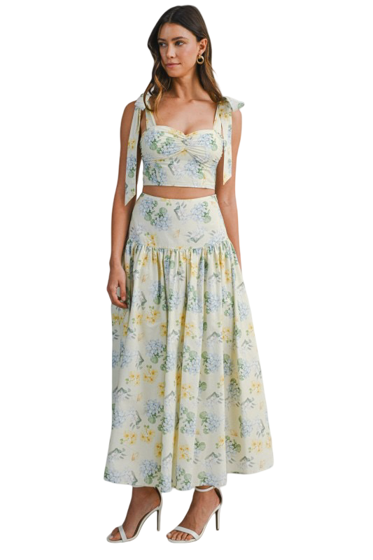 Mable Floral Print Ruched Bust Top and Midi Skirt Set