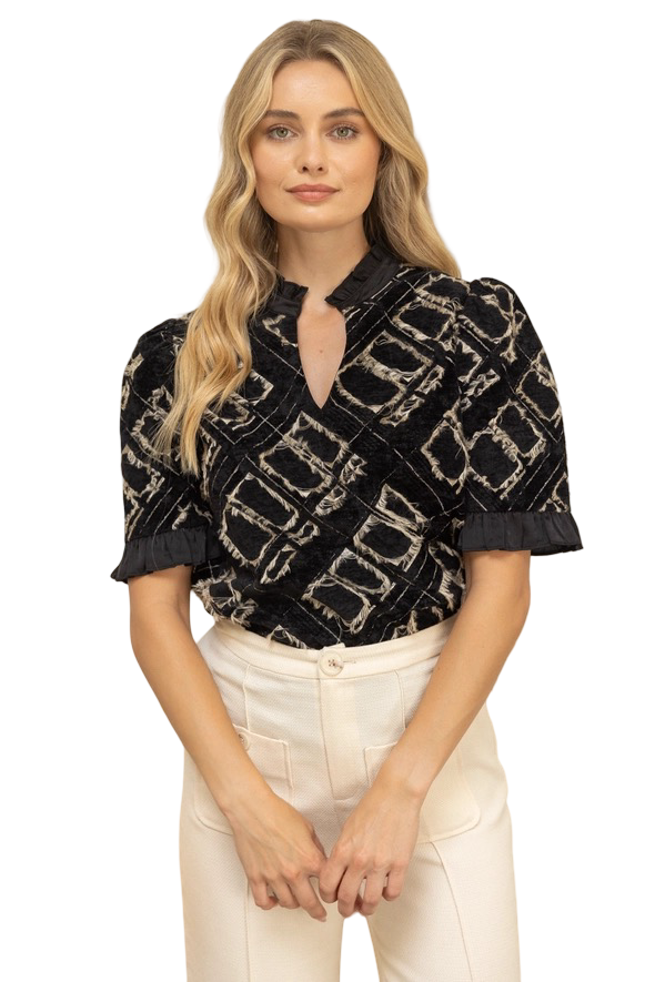 Apparel- VOY Satin Band Velvet Detail Burnout Top