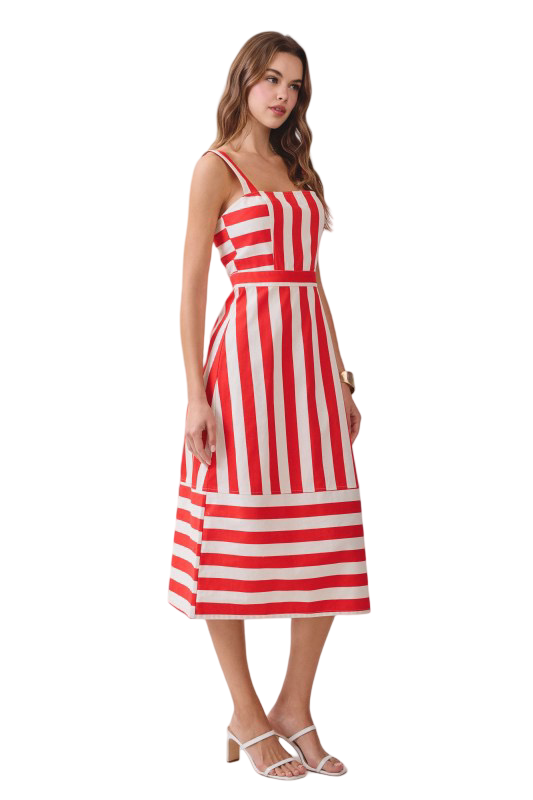 Apparel- TCEC Square Neck Striped Midi Dress