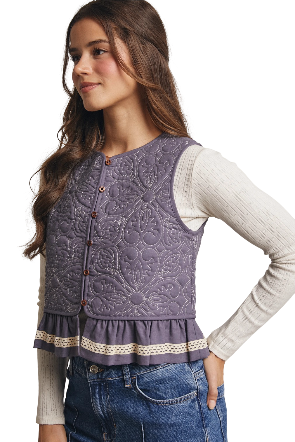 Apparel- Forte Lace Trimmed Quilted Peplum Vest Top