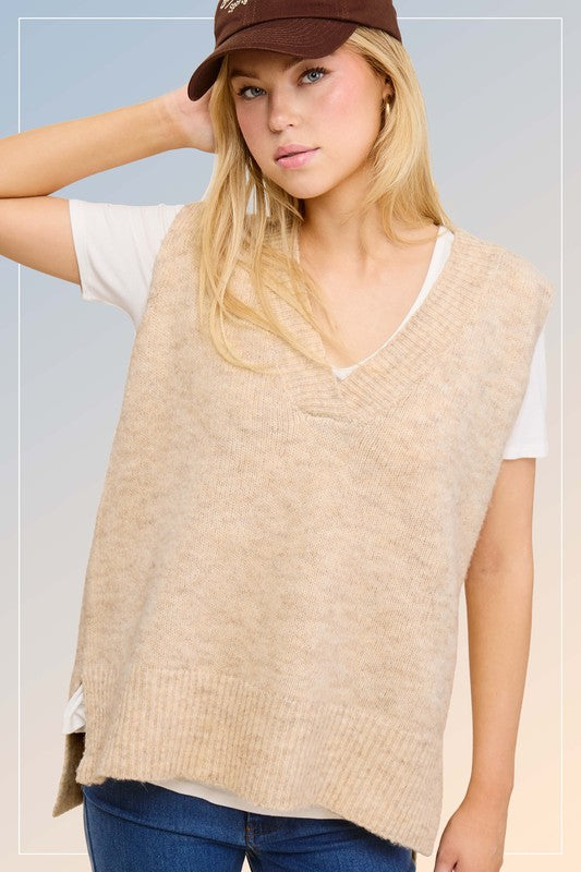 Apparel- La Miel Oversized V Neck Sleeveless Sweater