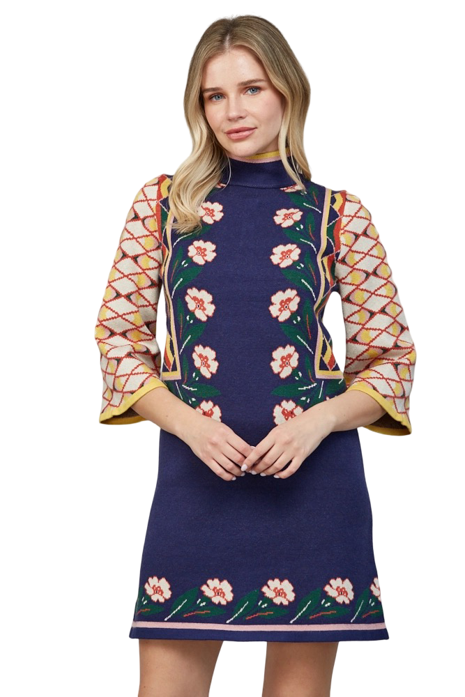 Apparel-Fate Jacquard Motif High Neck Floral Sweater Mini Dress