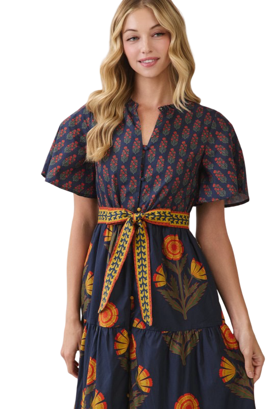 TCEC Floral Print Waist Tie Midi Dress