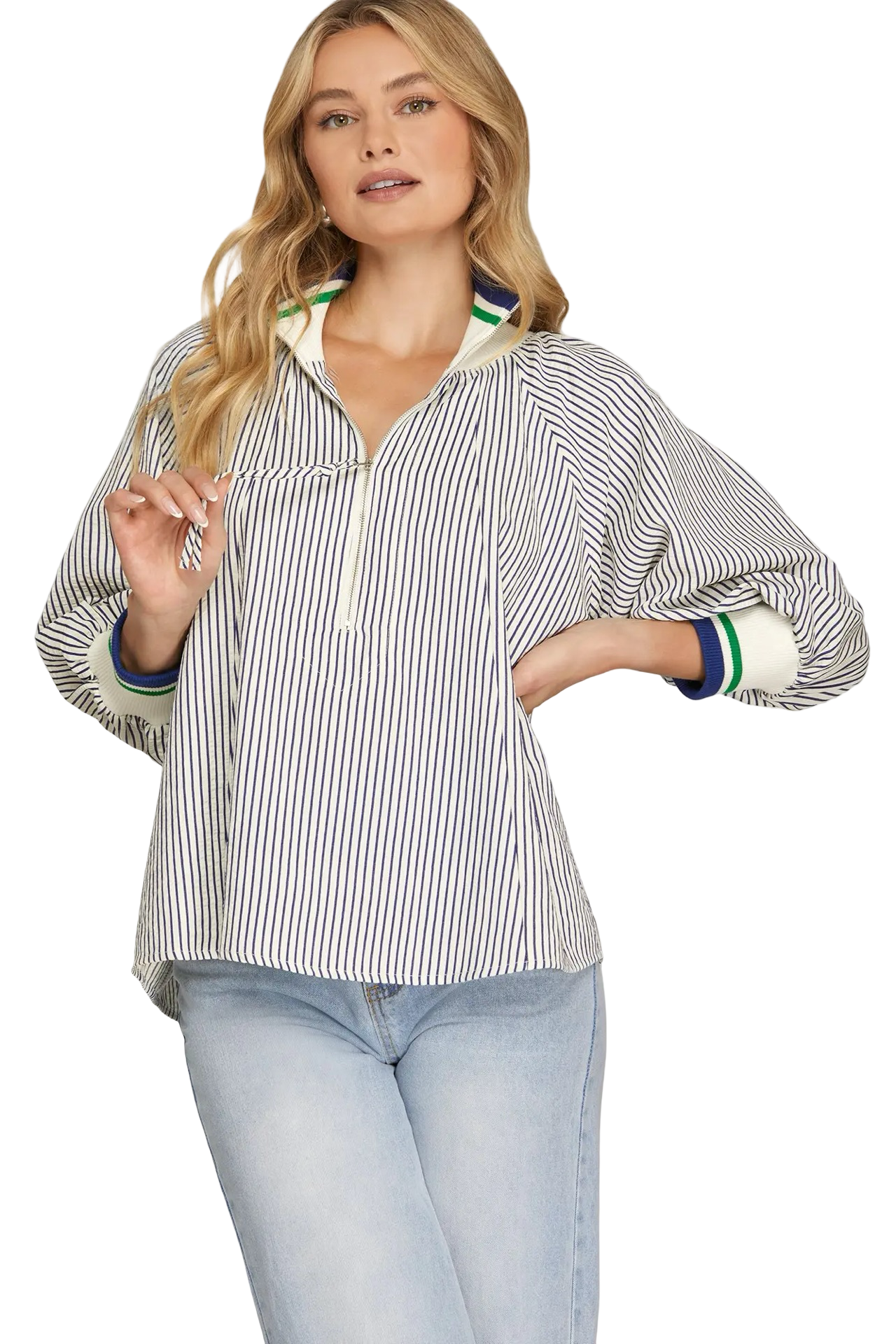 She+Sky 3/4 Sleeve Zip Down Contrast Blouse Top
