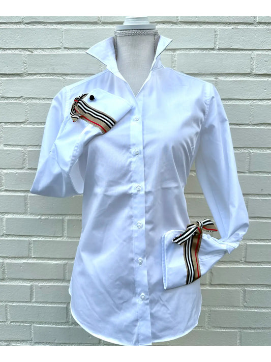 Apparel- Pearly Vines- Audrey White Ribbon French Cuff with Brown/Black/Red & White Stripe Ribbon