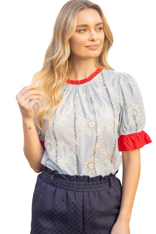 VOY Eyelet Contrast Band and Sleeve Blouse Top