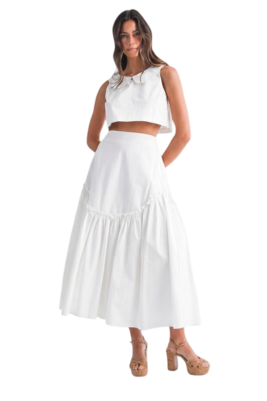 Mable Poplin Collar Sleeveless Top and Midi Skirt Set