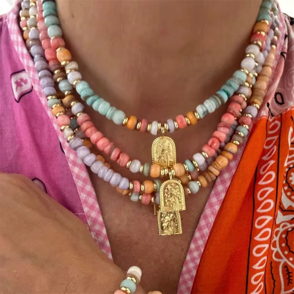 Necklaces- Boho Natural Stone Necklace with Palm Tree Pendant