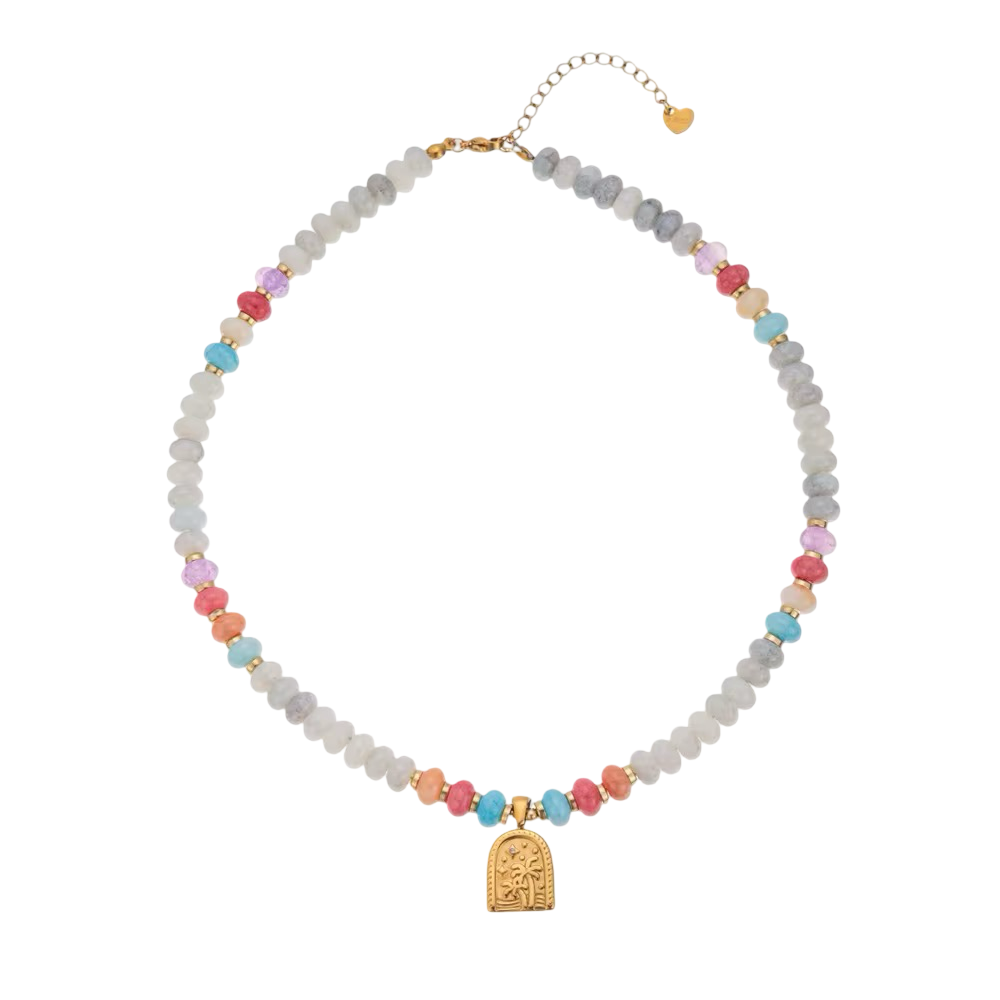 Necklaces- Boho Natural Stone Necklace with Palm Tree Pendant