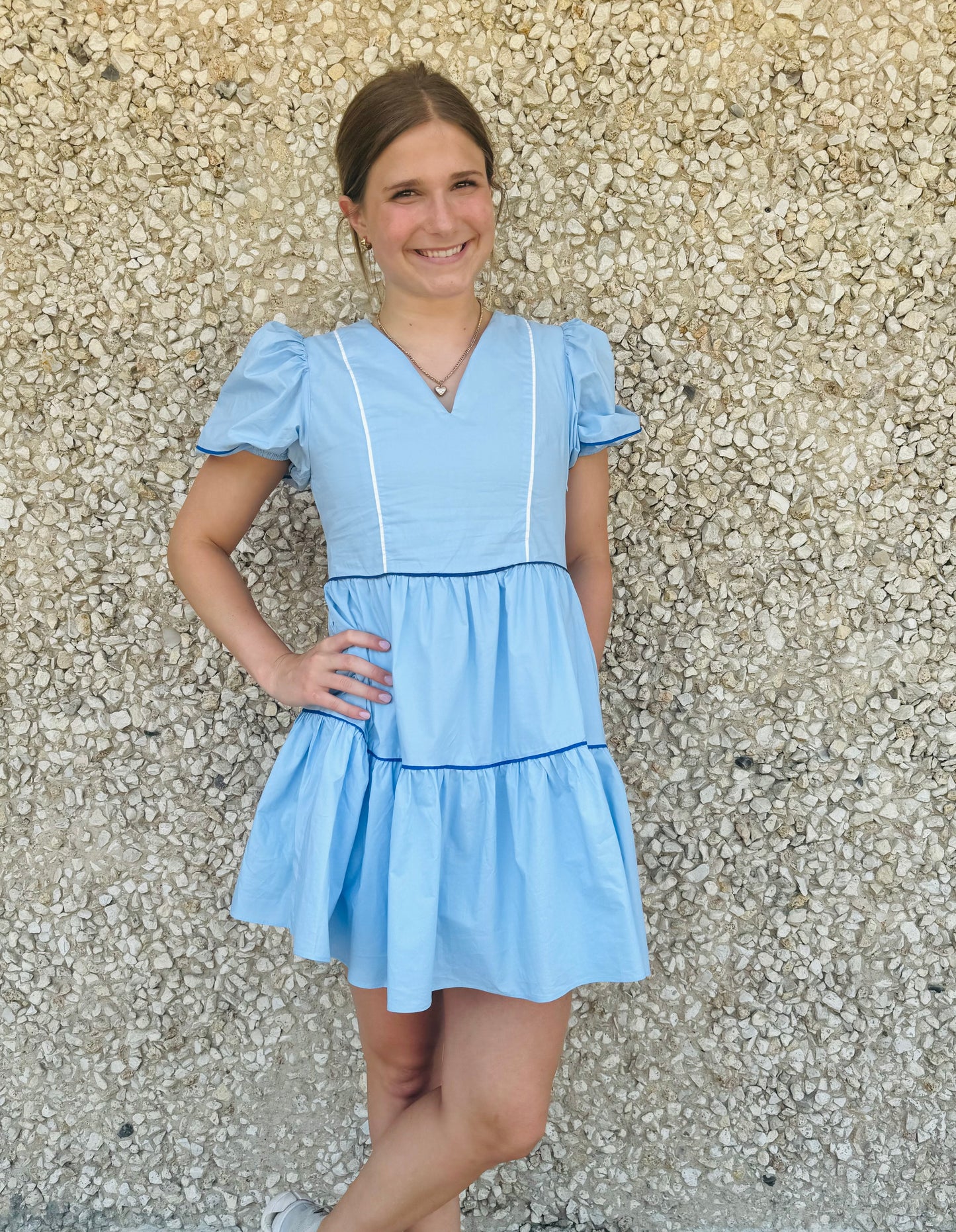 Apparel- English Factory Puff Sleeve Tiered Mini Dress