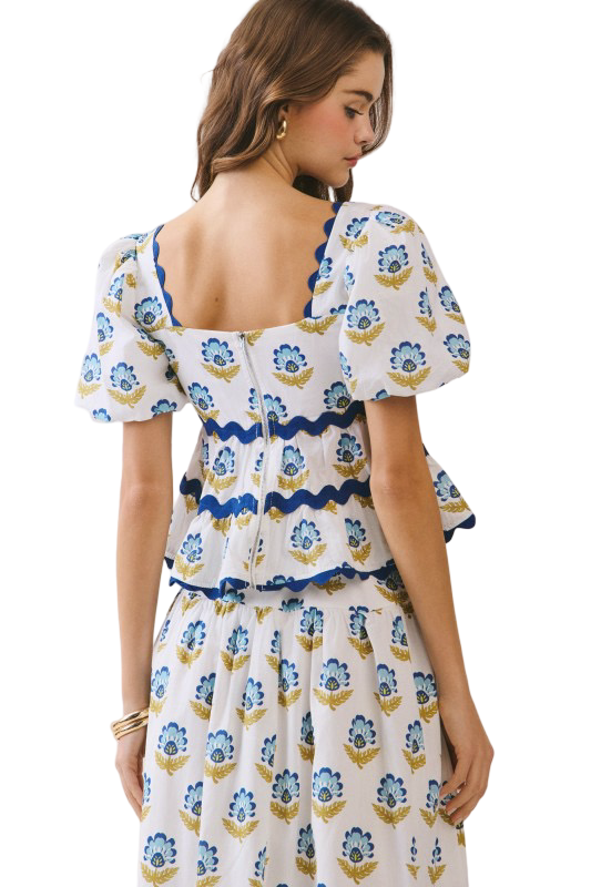 TCEC Floral Print Ric Rac Detail Blouse Top