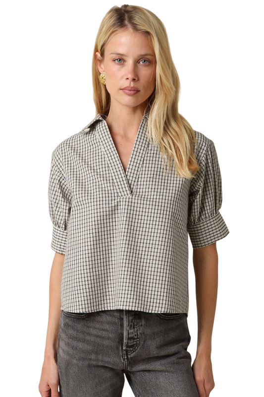 Olivaceous Charis Puff Sleeve Gingham Blouse Top