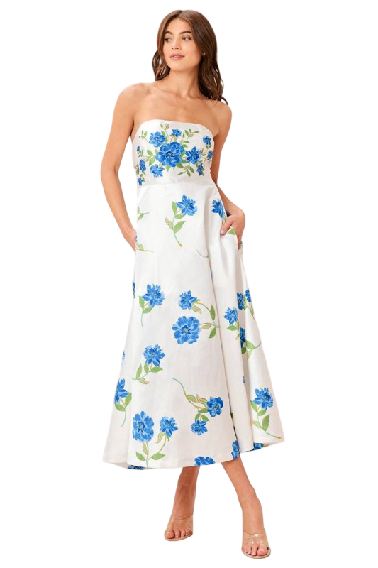 Flying Tomato Floral Pattern Strapless Midi Dress