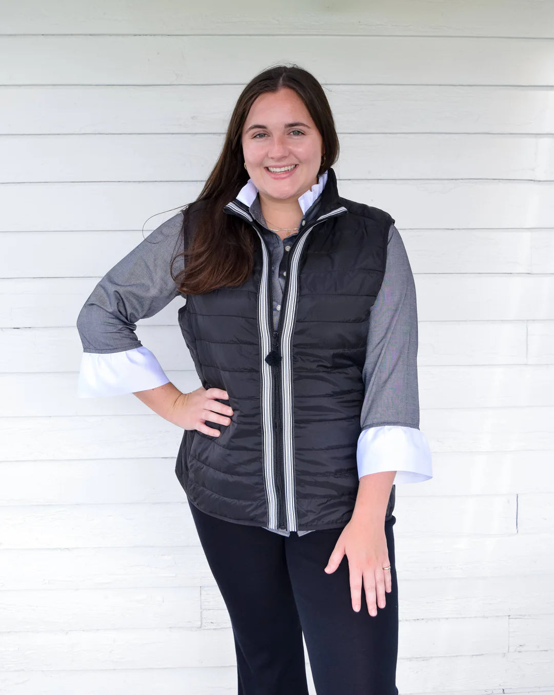 Apparel- Pearly Vines Scarlett Oxford Ribbon Trim 3/4 Sleeve- Black