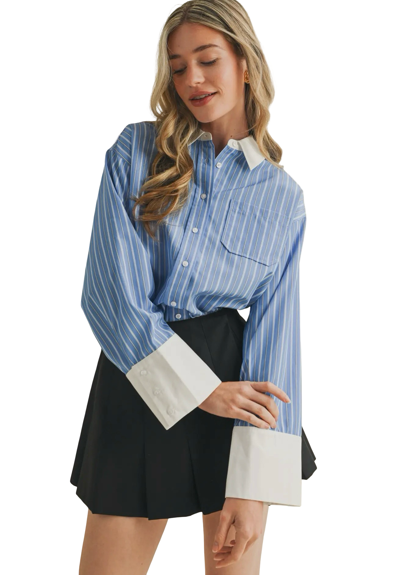 Apparel- En Merci Striped Wide Cuff Button Down Top