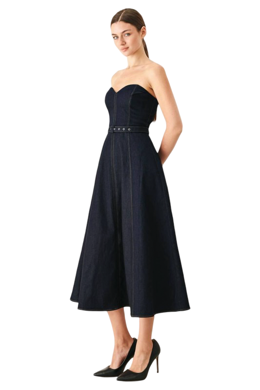 Flying Tomato Sweetheart Neck Classic Denim Midi Dress