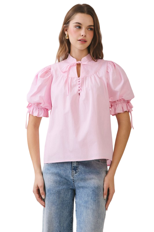 TCEC Stand Collar Tie Front Blouse Top