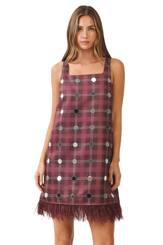 TCEC Plaid Mirror Disc Feather Trim Mini Dress