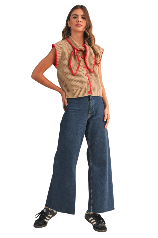 Apparel- En Merci Tie Neck Blanket Stitch Sweater Vest Top