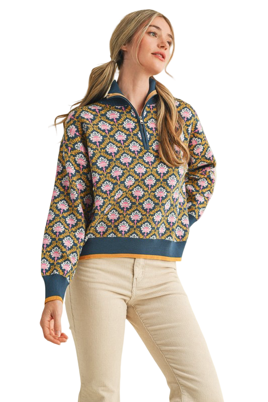 Apparel- En Merci Floral Half Zip Mock Neck Pullover Sweater