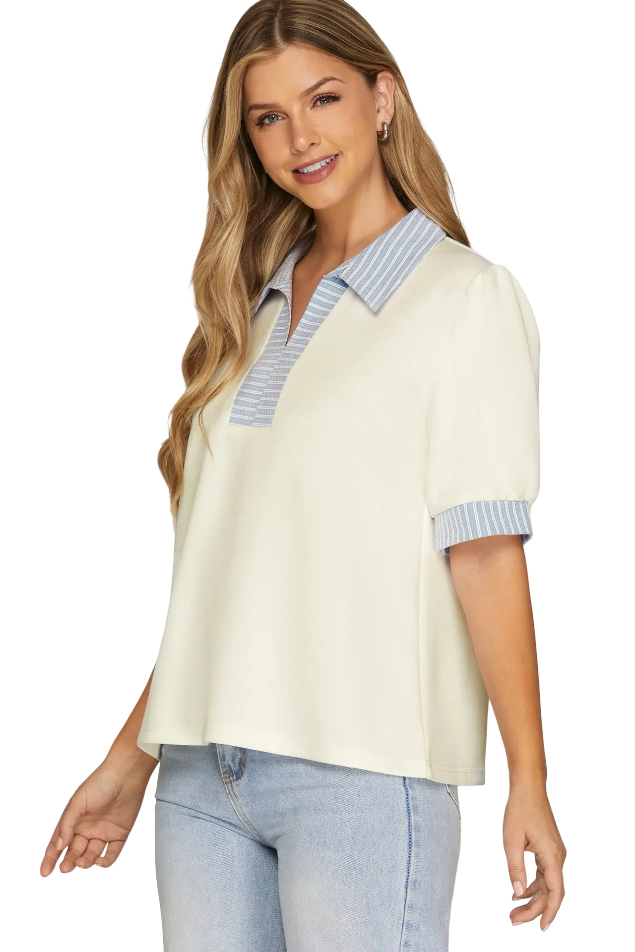 She+Sky Stripe Detail Short Sleeve Blouse Top