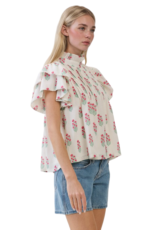TCEC Floral Print High Neck Blouse Top