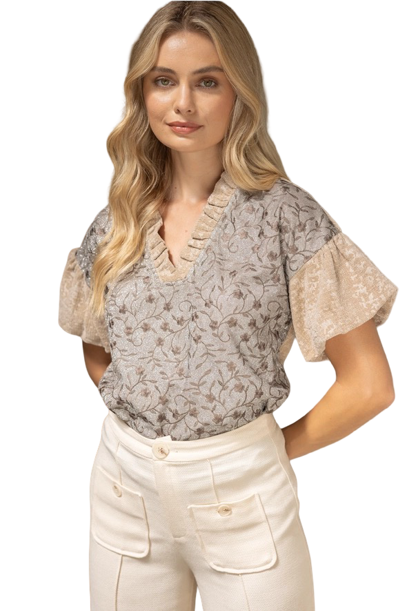 Apparel- VOY Ruffled V Neck Mixed Media Knit Top