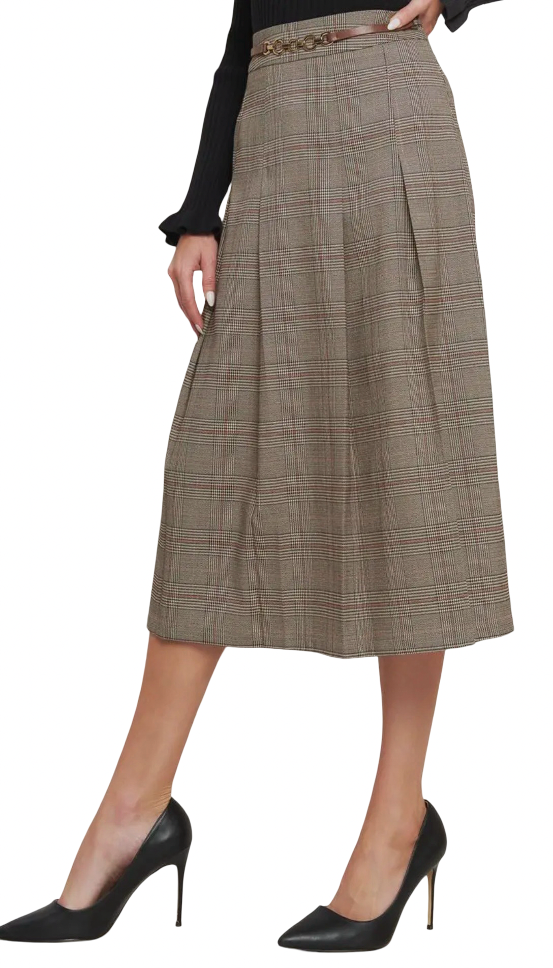 Apparel- Flying Tomato Pleated Woven Midi Skirt with Belt