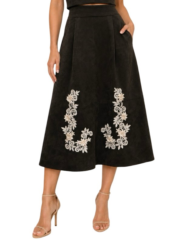Fore Collection Asymmetrical Crochet Trim A Line Suede Midi Skirt