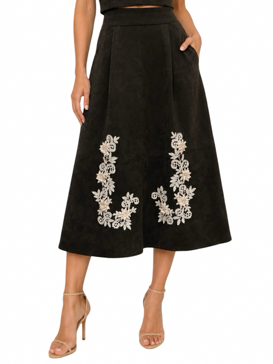 Fore Collection Asymmetrical Crochet Trim A Line Suede Midi Skirt