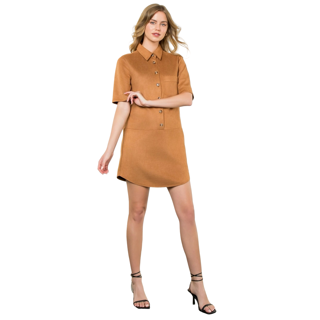 Apparel- THML Button Front Short Sleeve Suede Mini Dress
