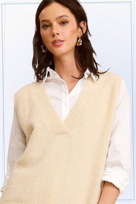 Apparel- La Miel Oversized V Neck Sleeveless Sweater
