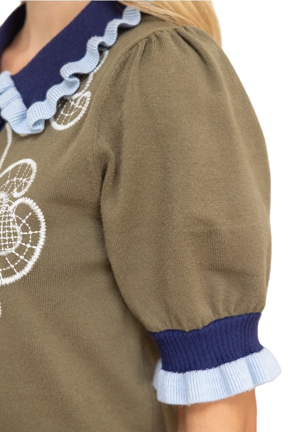 Apparel- VOY Contrast Embroidery Collar Knit Top