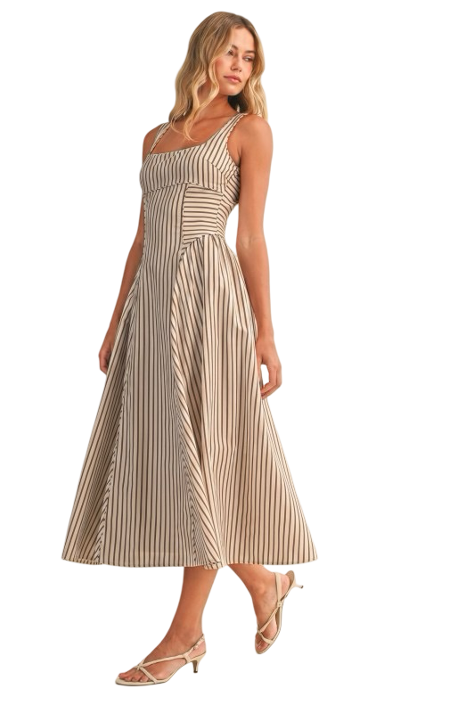Klesis Striped Back Buckle Detail Midi Dress