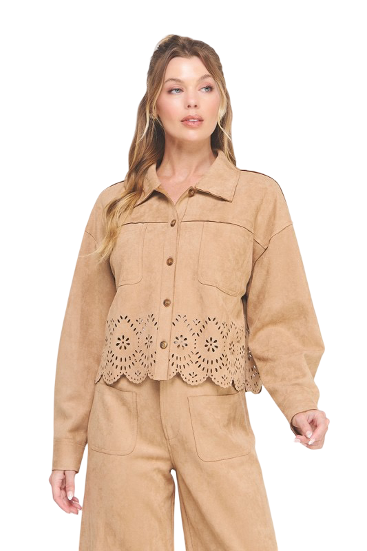 Apparel-Allie Rose Suede Laser Cut Shirt Jacket