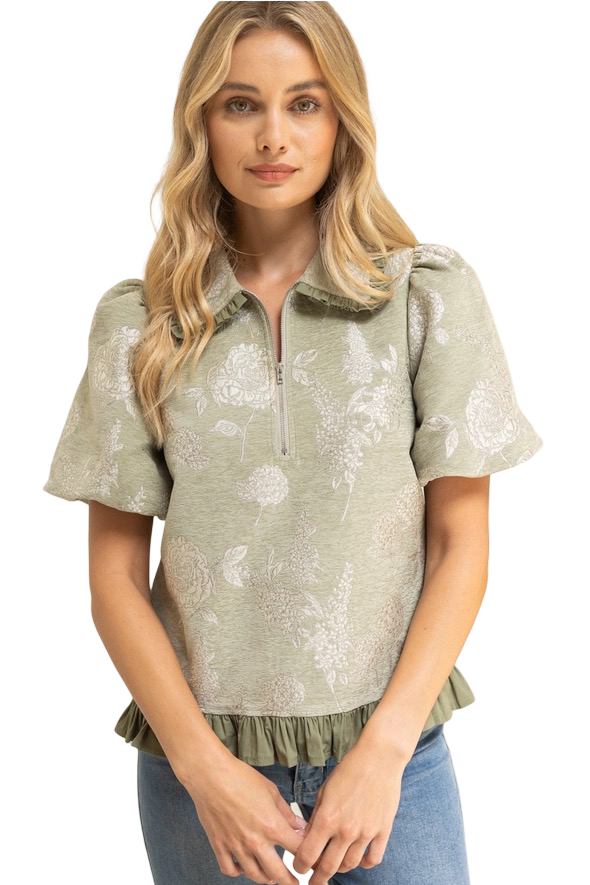 Apparel- VOY Floral Jacquard Top with Ruffled Collar