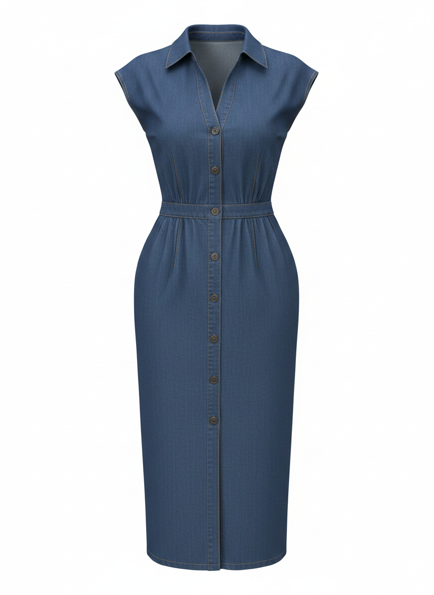 Haute Monde Button Front Denim Midi Dress