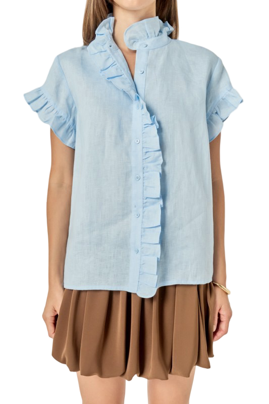 English Factory Light Blue Linen Ruffled Blouse Shirt