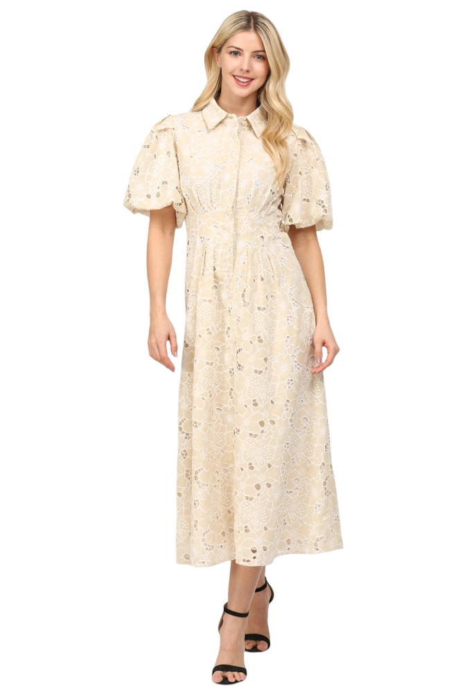Apparel-Fate Pleated Waist Half Button Eyelet Midi Dress